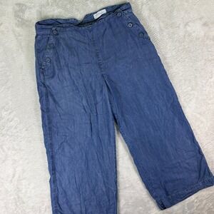 Thought Women's Cropped Wide Leg Chambray Pants Size 12 Blue Tencel Side Button